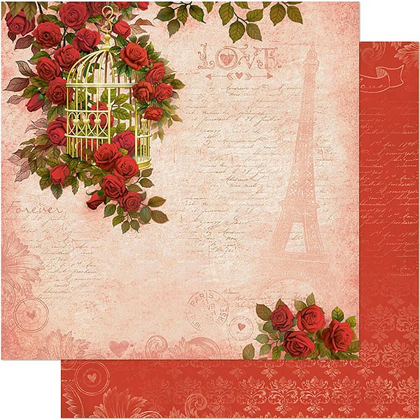 Papel Scrapbook - SD-0542 - Litoarte - Gaiola com Rosas Vermelhas