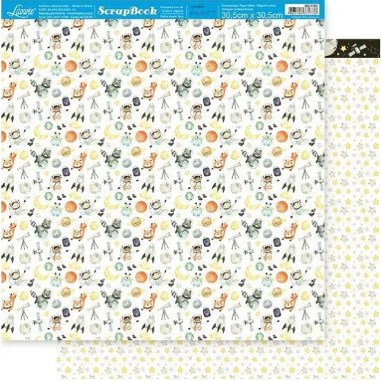 Papel Scrapbook - SD-1193 - Litoarte - Estrelas e Astronautas - 30,5 x 30,5cm