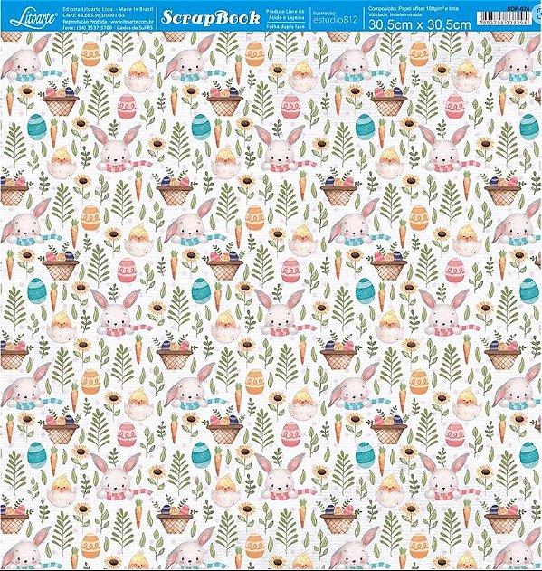 Papel de Scrapbook - SDP-024 - Litoarte – Coleção Feliz Páscoa – Padrão