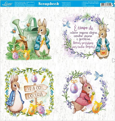 Papel de Scrapbook - SDP-019 - Litoarte – Páscoa – Coelhos de Roupa
