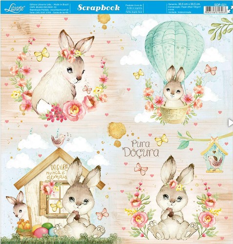 Papel de Scrapbook - SDP-021 - Litoarte – Páscoa – Coelhos e Flores
