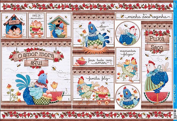 Papel Decupage - PD-1078 - Litoarte - Coleção Galinha Folk - 49x34cm