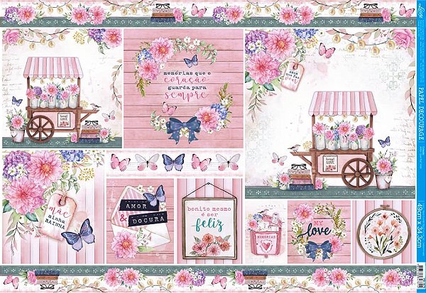 Papel Decoupage Litoarte - Coleção Amor Que Faz Voar - 49x34cm - PD-1079