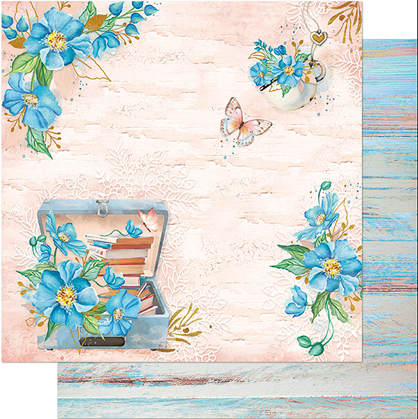 Papel para Scrapbook - SD1-088 - Mala com Livros e Flores Azuis