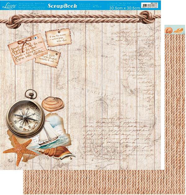 Papel Para Scrapbook - SD-1332 - Coleção mar doce Lar - Bussola fundo madeira