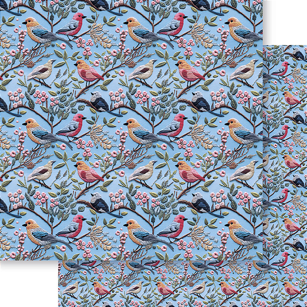 Papel Para Scrapbook Dupla Face - Rosa 3D passarinho Fundo Azul - SD-1327