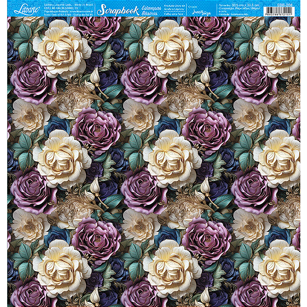 Papel para Scrapbook - SBB-208 - Estampas Básicas - Coleção Floral 3D - Flores Com Detalhes Dourados