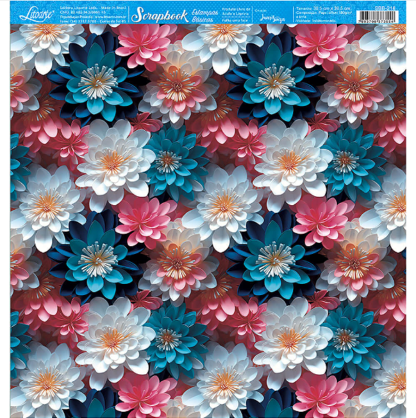 Papel para Scrapbook - SBB-218 - Estampas Básicas - Coleção Floral 3D – Flores Coloridas