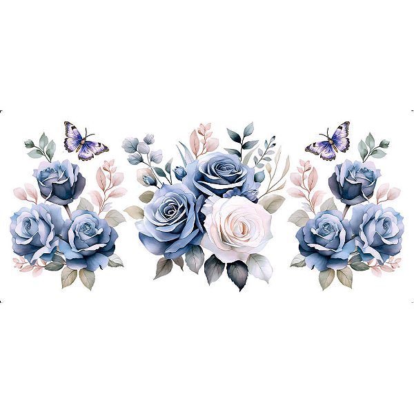 Transfer Têxtil Termocolante - TTB5L-006 - Barra Lili - Rosas Azuis - 27,5cm x 12cm