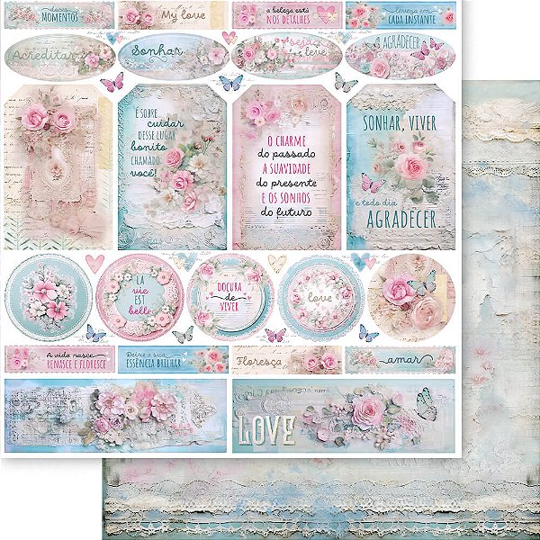 Papel para Scrapbook - SD-1389 - Chabby Chic Sonhar, Viver, Agradecer