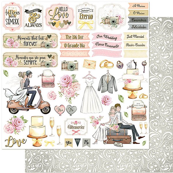 Papel Scrapbook - SD-1121 - Litoarte - Casamento, Recem casasos, Flores 30,5 x 30,5cm