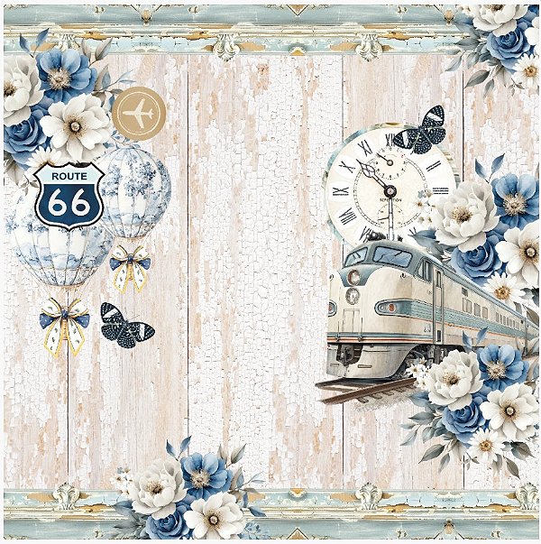 Papel para Scrapbook - Cód-1006 - Trem e Balões - Coleção Serenity