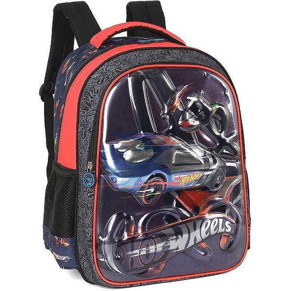 Mochila Escolar Hot Wheels Grande 3 Bolsos Vermelho Luxcel