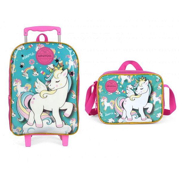 Kit Mochila de Carrinho Com Lancheira Unicórnio Up4you Verde