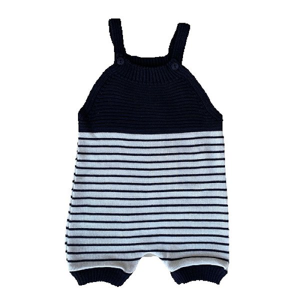 Jardineira Romper de Tricô Listrado Tricô Kids Azul Marinho