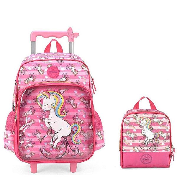 Kit Mochila de Carrinho Com Lancheira Unicórnio Up4you Rosa