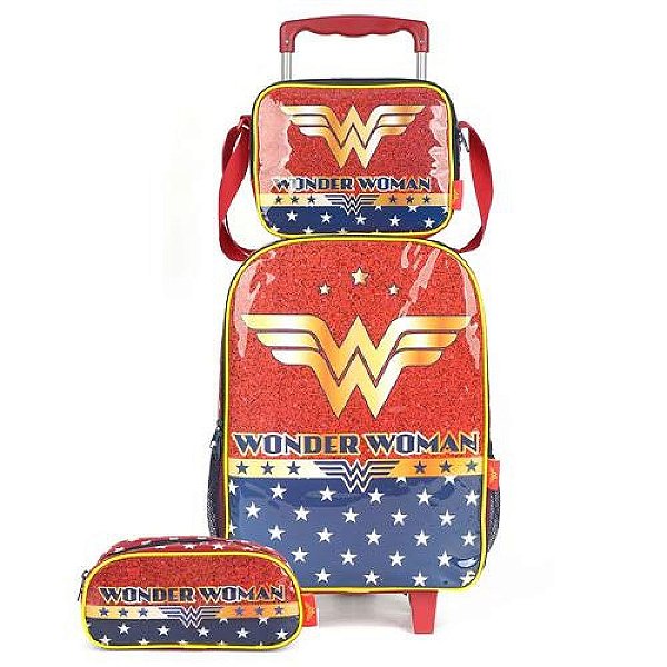 Kit Mochila Lancheira Estojo Mulher Maravilha Luxcel Vermelh