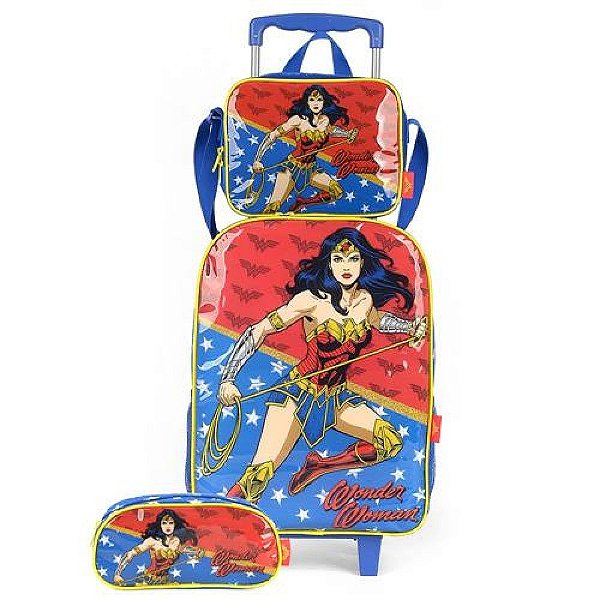 Kit Mochila Lancheira Estojo Mulher Maravilha Luxcel Azul