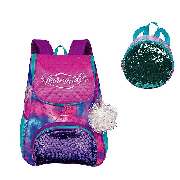 Kit Mochila e Lancheira Sereia Com Paetê Sestini Colorida