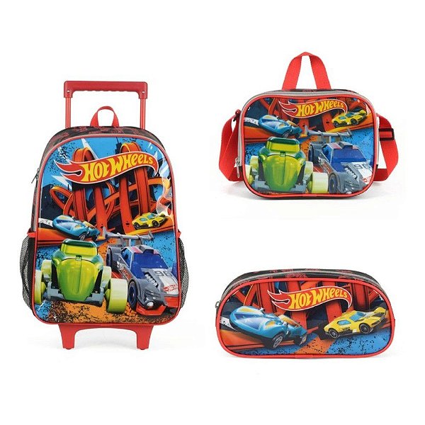 Kit Mochila Lancheira  e Estojo Hot Wheels Luxcel Vermelho