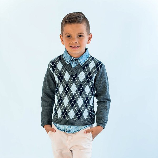 Blusa de Tricô com Losangos Tricô Kids Cinza Escuro