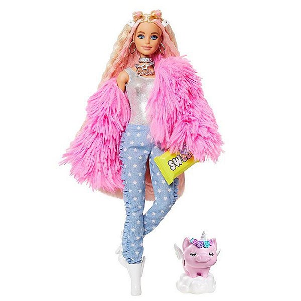 Boneca Barbie Extra Jaqueta Felpuda Rosa Com Pets Mattel