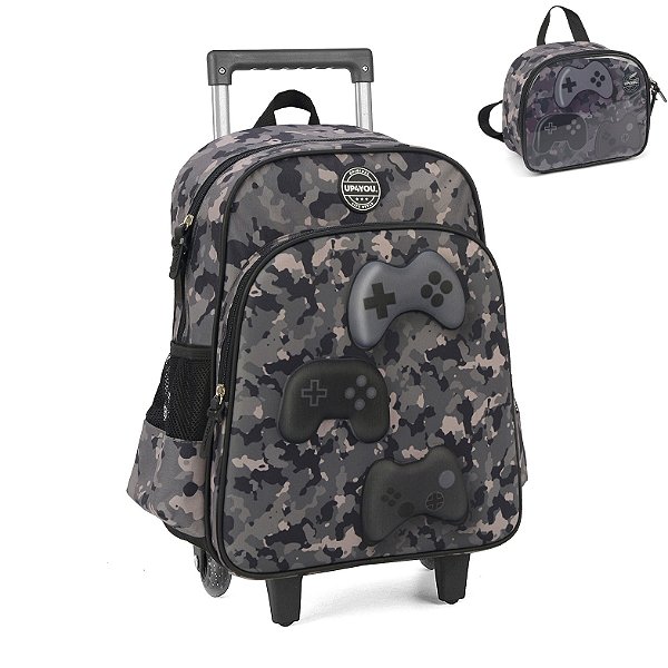 Kit Mochila de Rodinhas Lancheira Luxcel Game Up4You Cinza