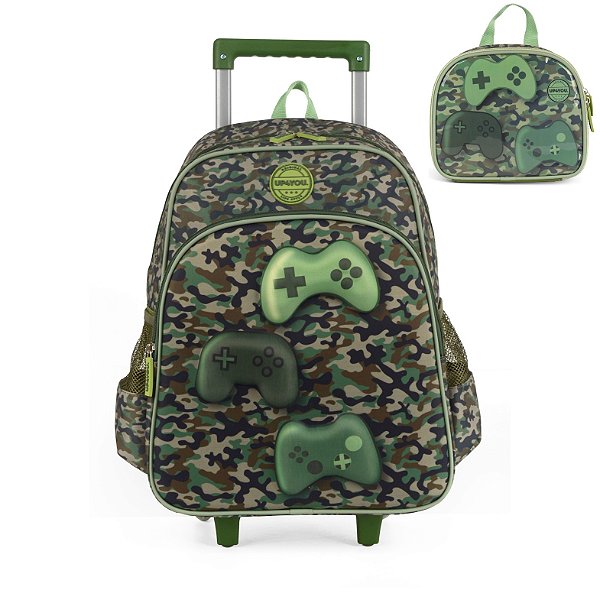 Kit Mochila de Rodinhas Lancheira Luxcel Game Up4You Verde
