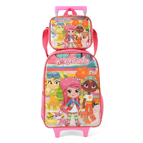 Kit Mochila de Rodinhas Lancheira Luxcel Moranguinho Rosa