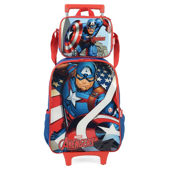 Kit Mochila de Rodinhas Lancheira Luxcel Avengers Azul