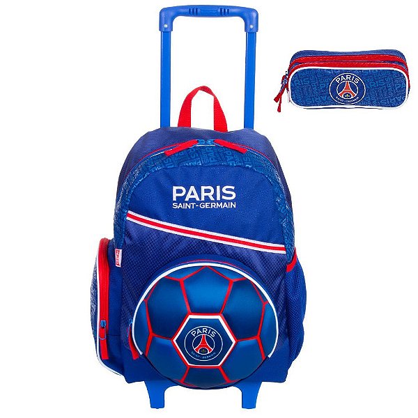 Kit Mochila de Rodinhas Grande e Estojo Sestini PSG Azul