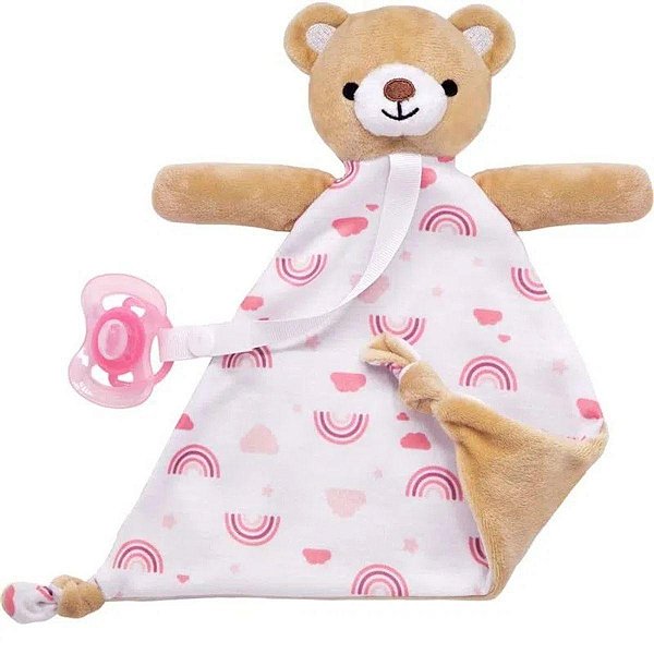 Naninha Buba Ursinho Rosa Com Prendedor de Chupeta Rosa