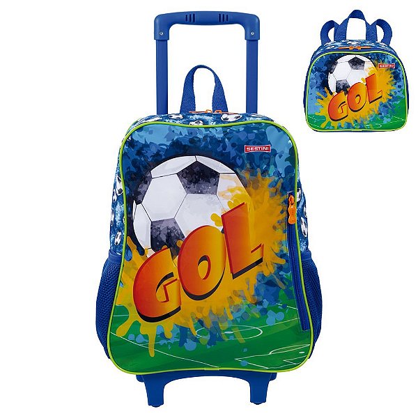 Kit Mochila de Rodinhas e Lancheira Sestini Futebol Azul