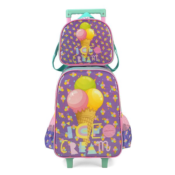 Kit Mochila Rodinha Lancheira Luxcel Up4You Ice Cream Rosa