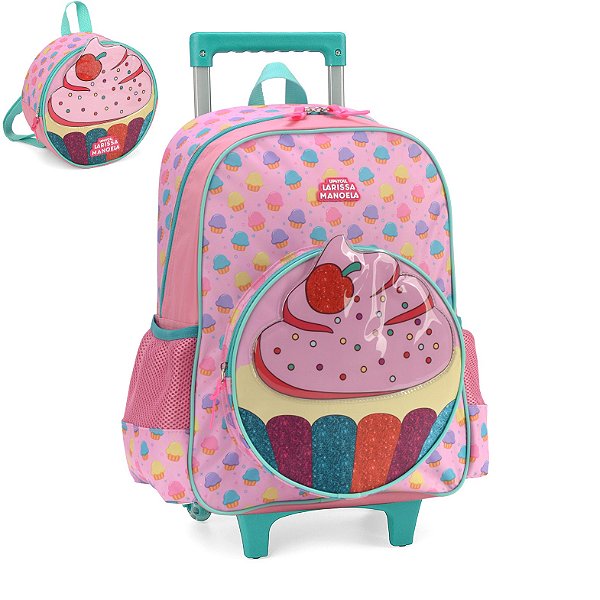 Kit Mochila de Rodinhas Lancheira Luxcel Up4You Cupcake Rosa