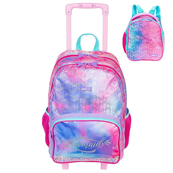 Kit Mochila de Rodinha e Lancheira Sestini X Mermaid Rosa