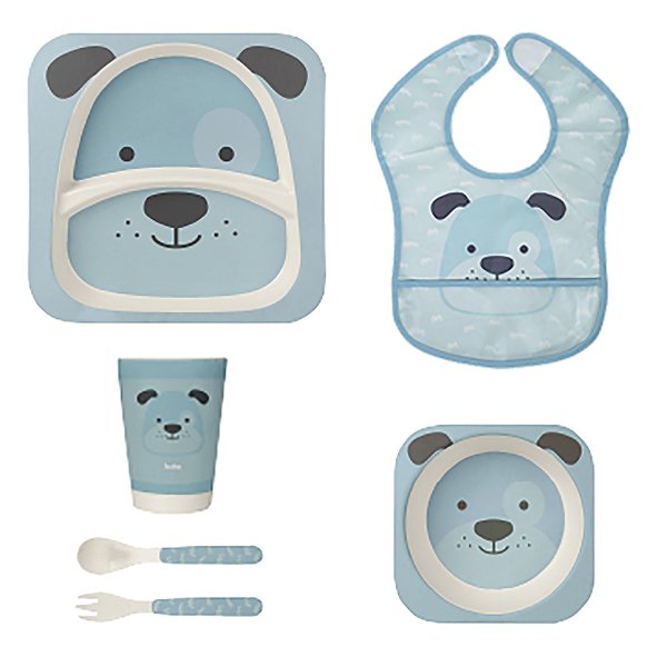 Kit de Alimentação Com Babador Buba Bambu Cachorro Azul