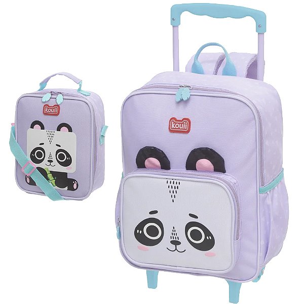 Kit Mochila Carrinho Lancheira Kouii Pacific Filhotiis Panda