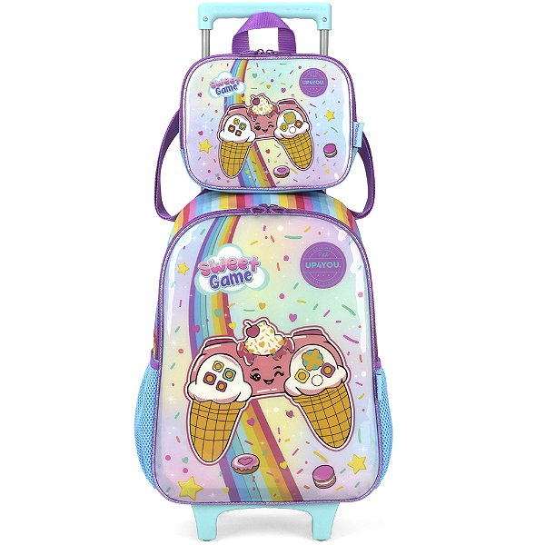Kit Mochila de Rodinhas Lancheira Luxcel Up4You Game Azul
