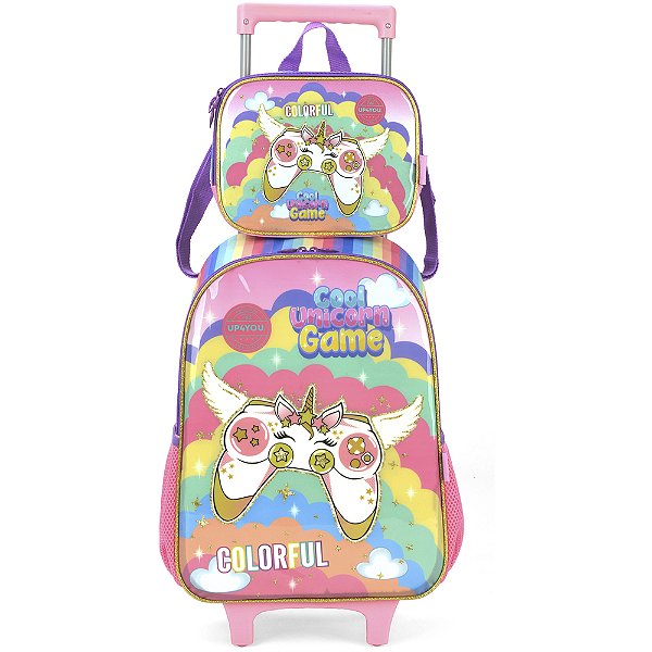 Kit Mochila de Rodinhas Lancheira Luxcel Up4You Game Rosa