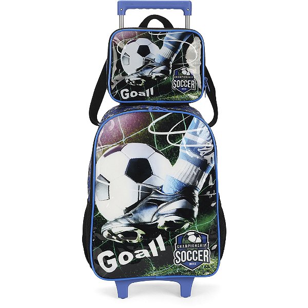 Kit Mochila de Rodinhas Lancheira Luxcel Futebol Preto