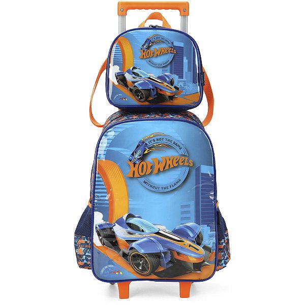 Kit Mochila de Rodinhas Lancheira Luxcel Hotwheels Azul