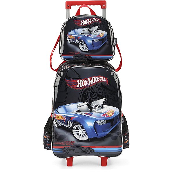 Kit Mochila de Rodinhas Lancheira Luxcel Hotwheels Preto