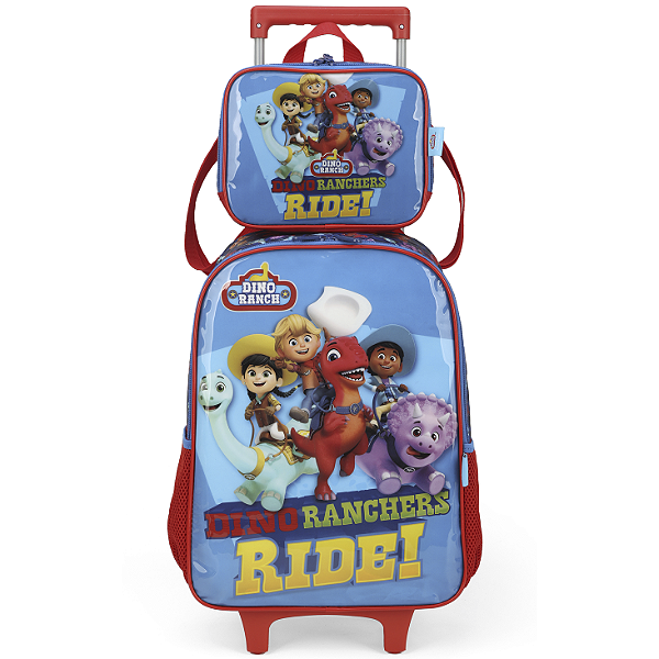 Kit Mochila de Rodinhas Lancheira Luxcel Dino Ranch Azul