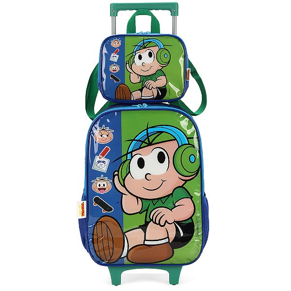 Kit Mochila Rodinhas Lancheira Luxcel Turma da Mônica Verde