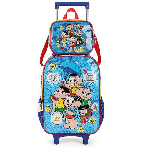 Kit Mochila Rodinhas Lancheira Luxcel Turma da Mônica Azul