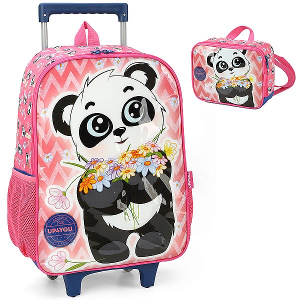 Kit Mochila Rodinhas Lancheira Luxcel Up4You Panda Rosa