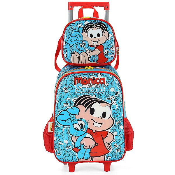 Kit Mochila Rodinhas Lancheira Luxcel Turma da Mônica Azul