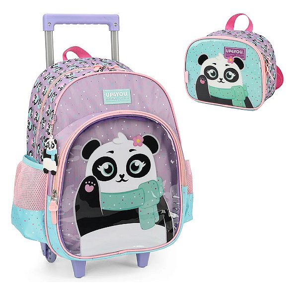 Kit Mochila de Rodinhas Lancheira Luxcel Up4You Panda Lilás