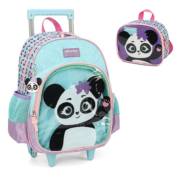 Kit Mochila de Rodinhas Lancheira Luxcel Up4You Panda Verde